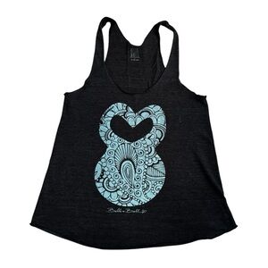 Belle & Bell gray tank top with kettlebell heart graphic patterned teal, size M.